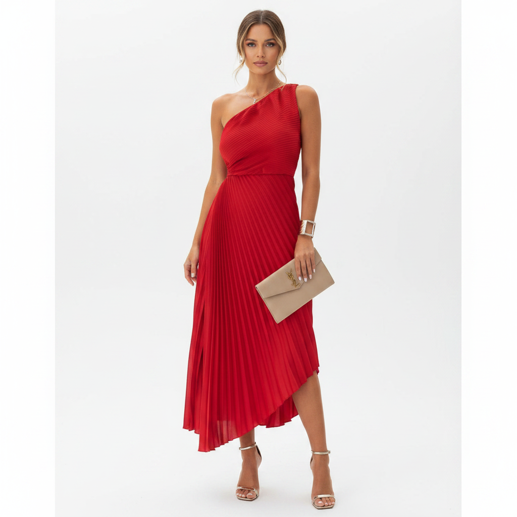 Ava | Women's One Shoulder Dress With Pleated Skirt And Side Slit | Elegant