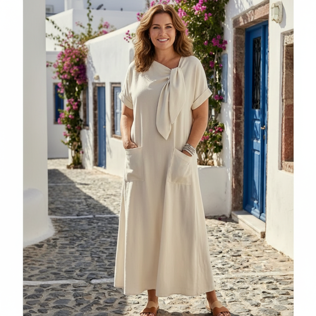 Ava | Women's Pocket Maxi Dress With Short Sleeves And Tie Neck Detail | Casual