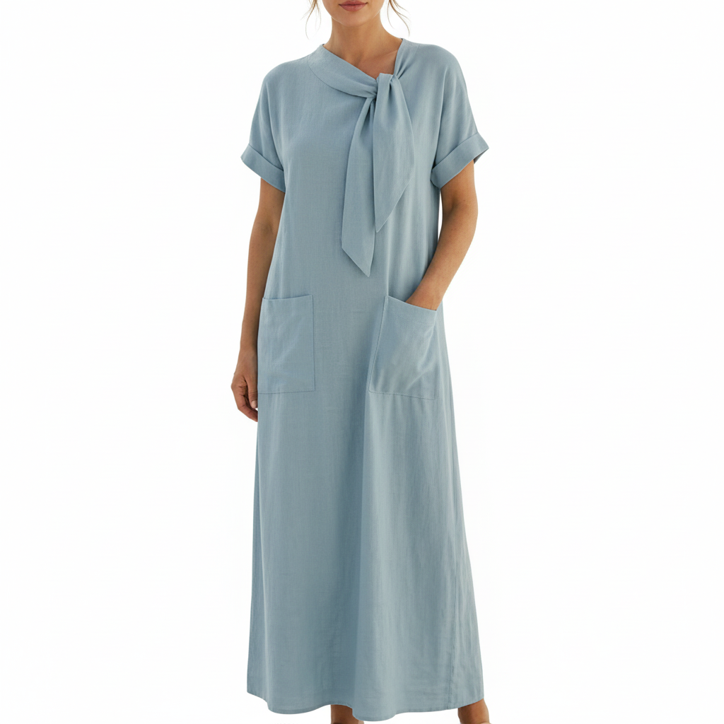 Ava | Women's Pocket Maxi Dress With Short Sleeves And Tie Neck Detail | Casual