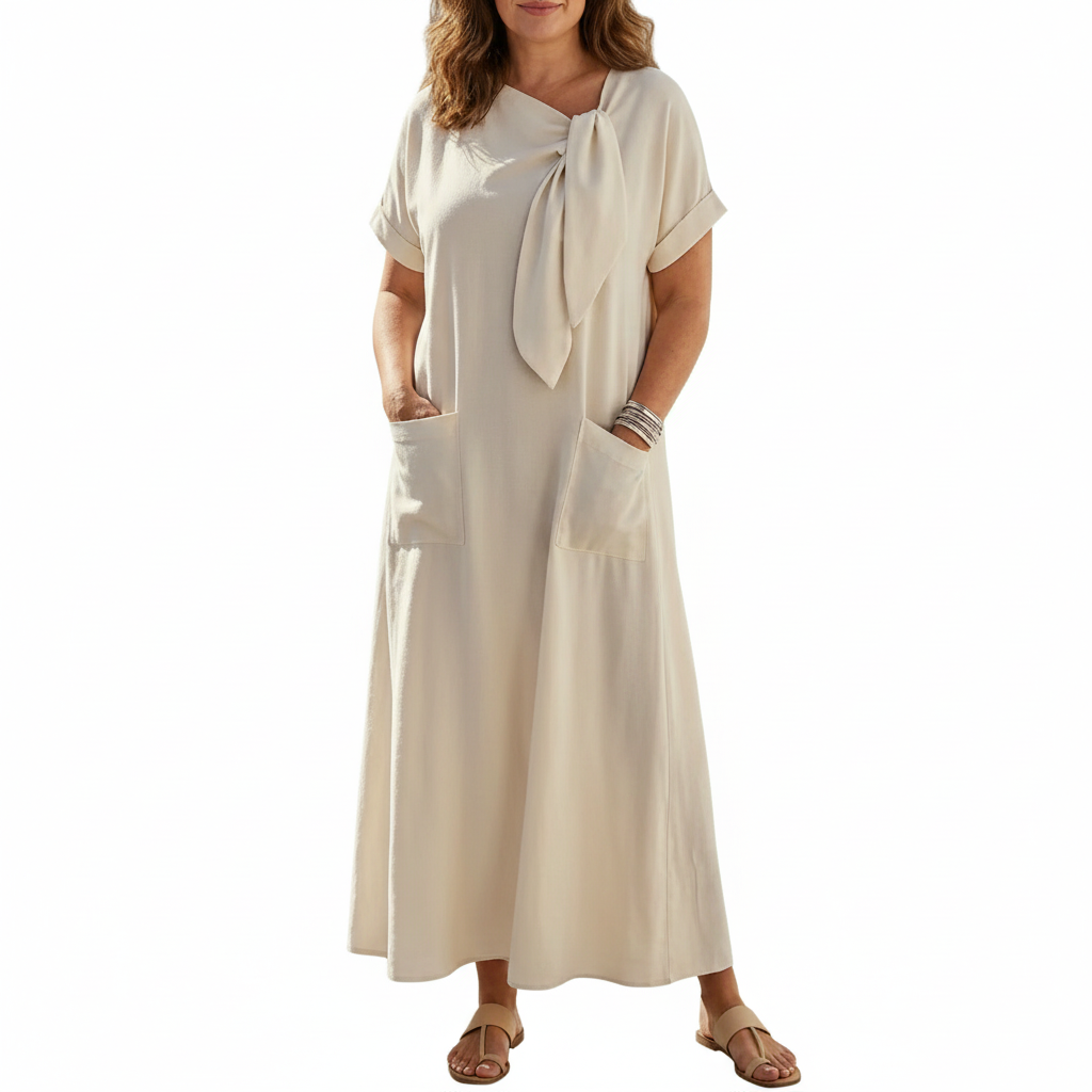 Ava | Women's Pocket Maxi Dress With Short Sleeves And Tie Neck Detail | Casual