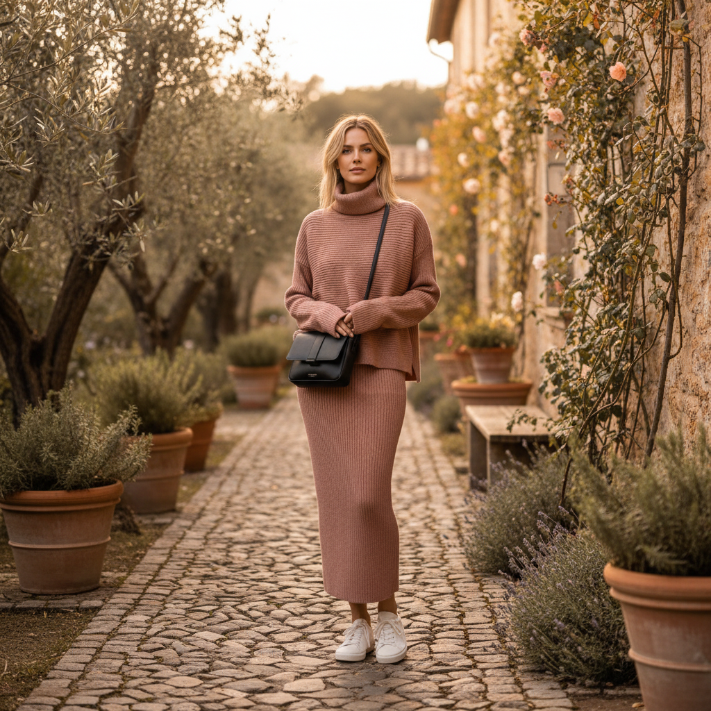 Ava | Women's Pullover And Skirt Set With High Neck And Ribbed Texture | Casual