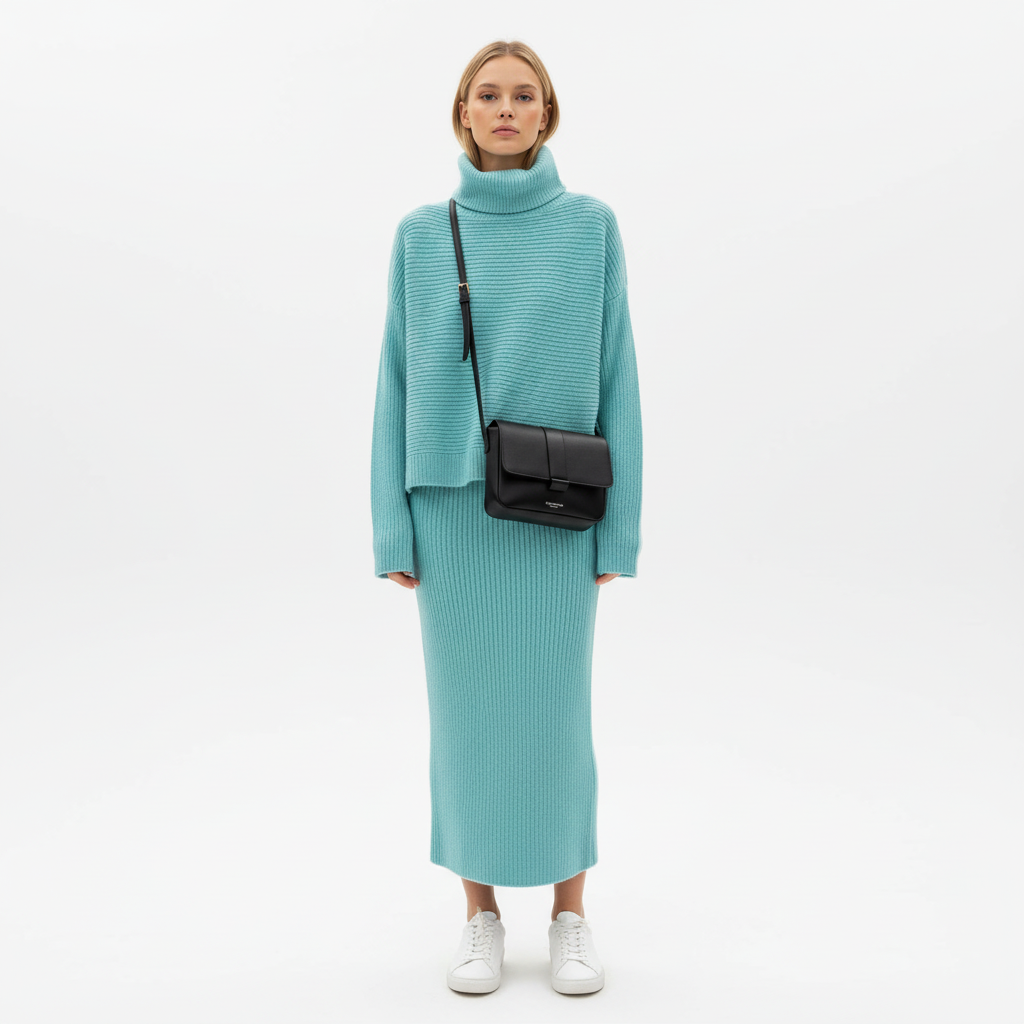 Ava | Women's Pullover And Skirt Set With High Neck And Ribbed Texture | Casual