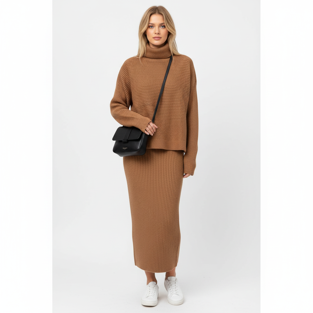 Ava | Women's Pullover And Skirt Set With High Neck And Ribbed Texture | Casual