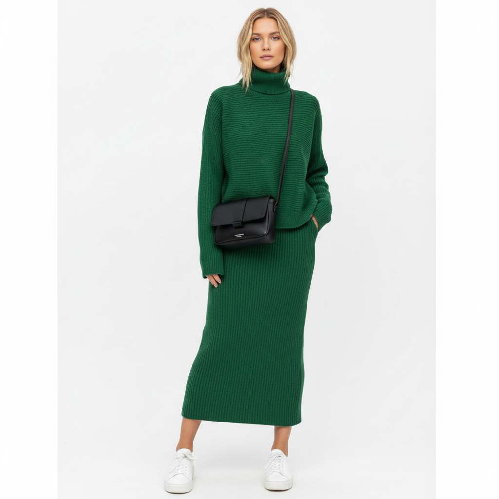 Ava | Women's Pullover And Skirt Set With High Neck And Ribbed Texture | Casual