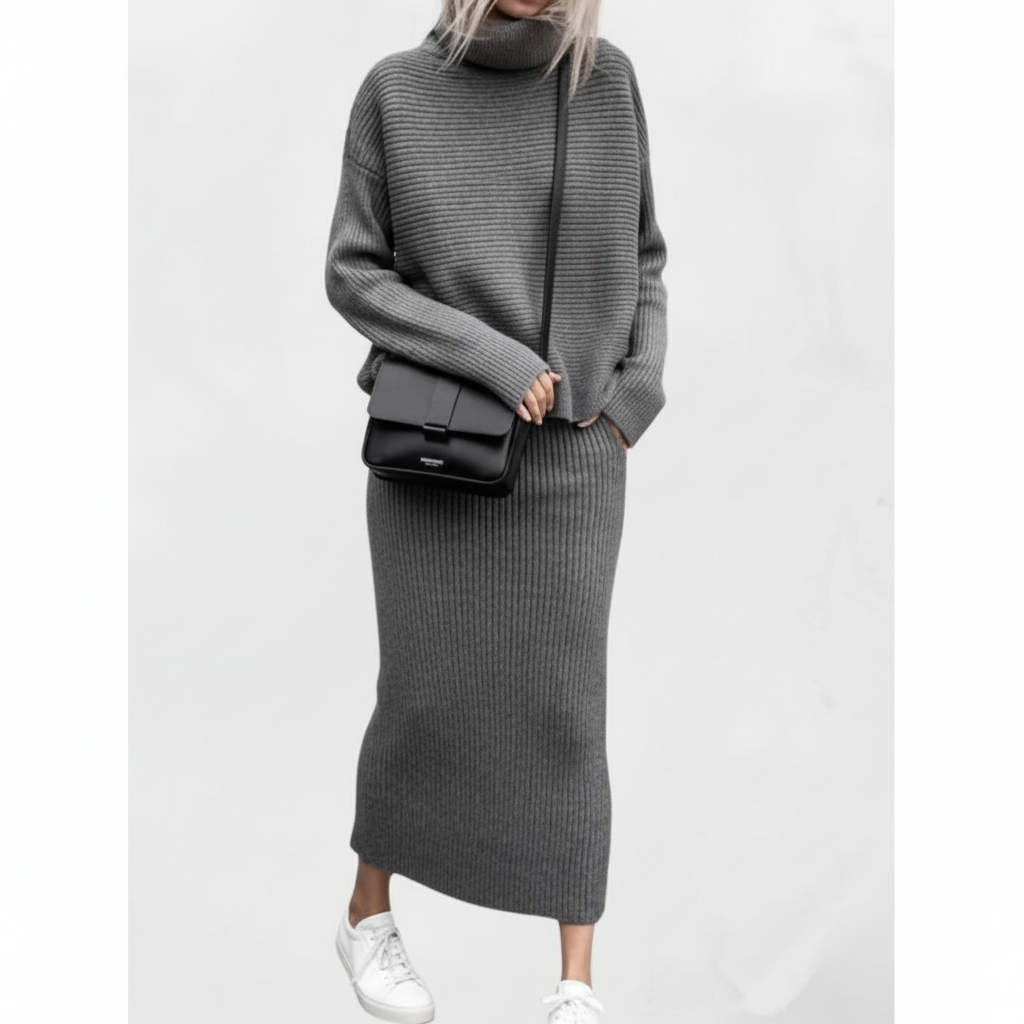 Ava | Women's Pullover And Skirt Set With High Neck And Ribbed Texture | Casual