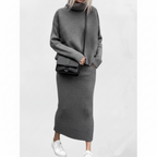 Ava | Women's Pullover And Skirt Set With High Neck And Ribbed Texture | Casual