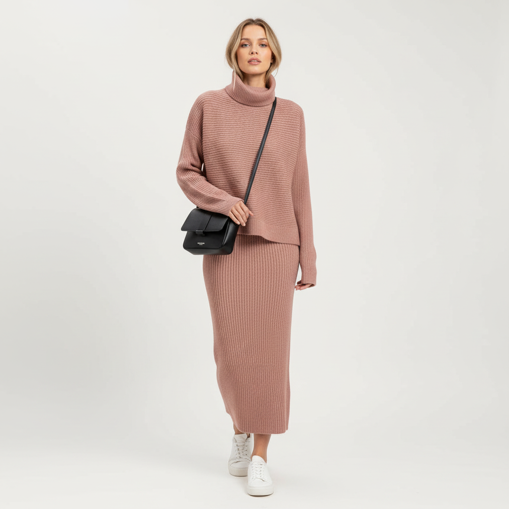 Ava | Women's Pullover And Skirt Set With High Neck And Ribbed Texture | Casual