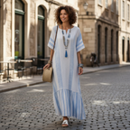 Ava | Women's Striped Maxi Dress With Pleated Hem And Short Sleeves | Casual
