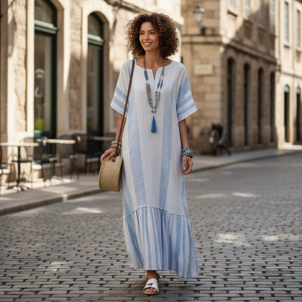 Ava | Women's Striped Maxi Dress With Pleated Hem And Short Sleeves | Casual