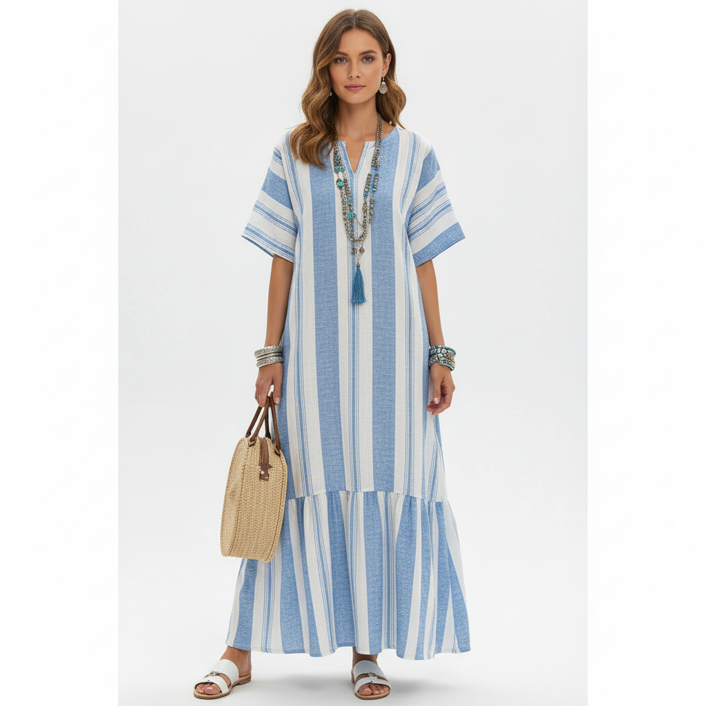 Ava | Women's Striped Maxi Dress With Pleated Hem And Short Sleeves | Casual