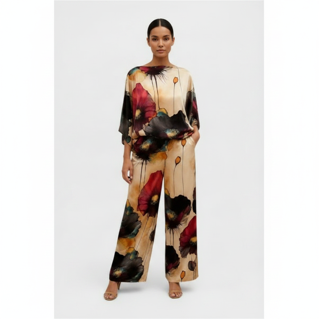 Ava | Women's Two Piece Set With Draped Top And Wide Leg Pants | Casual