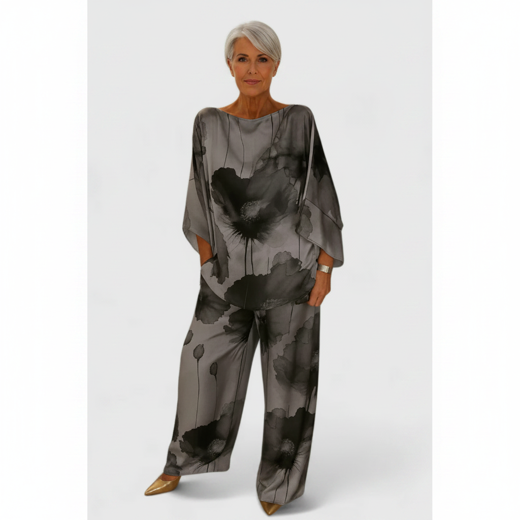 Ava | Women's Two Piece Set With Draped Top And Wide Leg Pants | Casual