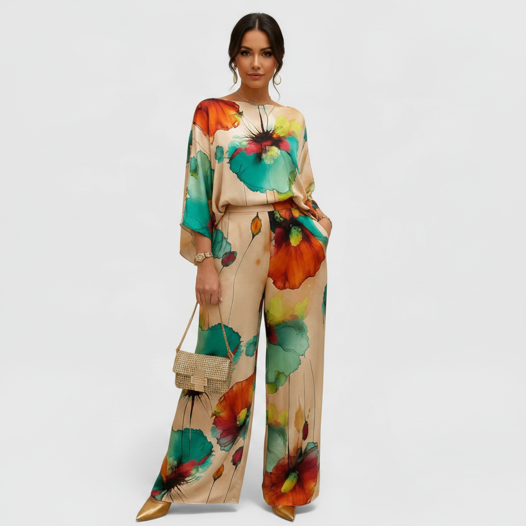 Ava | Women's Two Piece Set With Draped Top And Wide Leg Pants | Casual