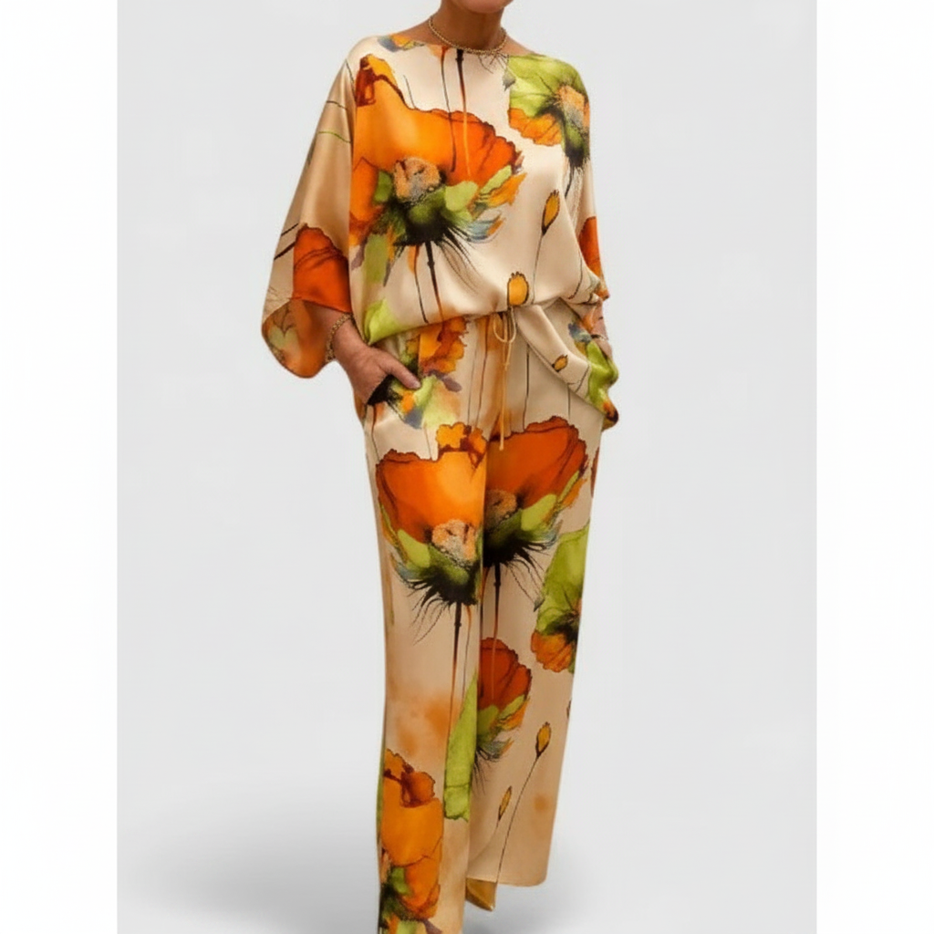 Ava | Women's Two Piece Set With Draped Top And Wide Leg Pants | Casual