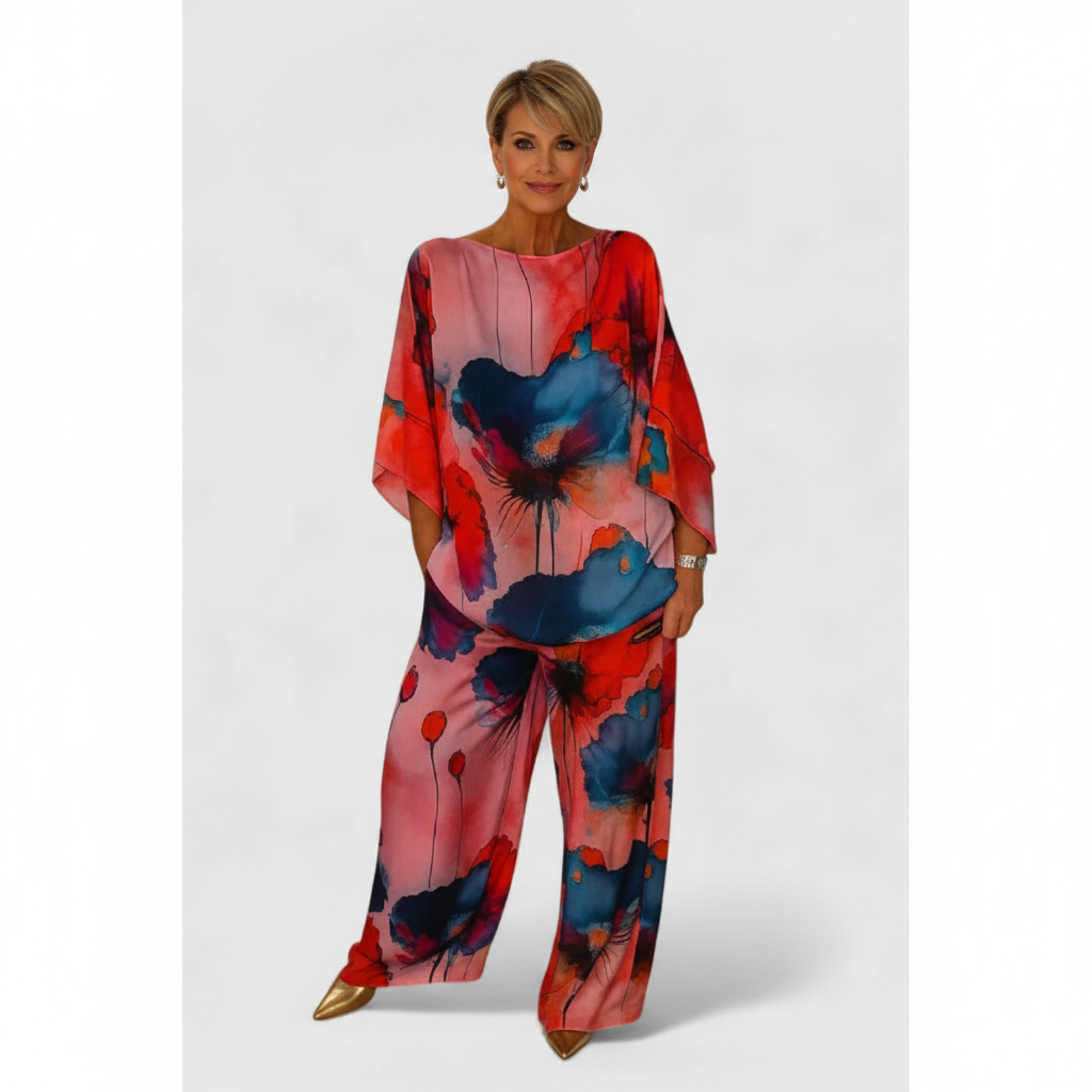 Ava | Women's Two Piece Set With Draped Top And Wide Leg Pants | Casual