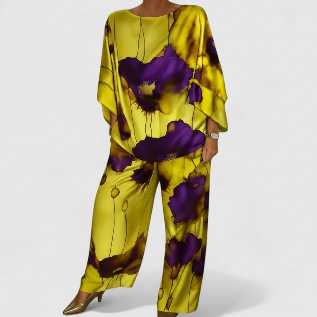 Ava | Women's Two Piece Set With Draped Top And Wide Leg Pants | Casual