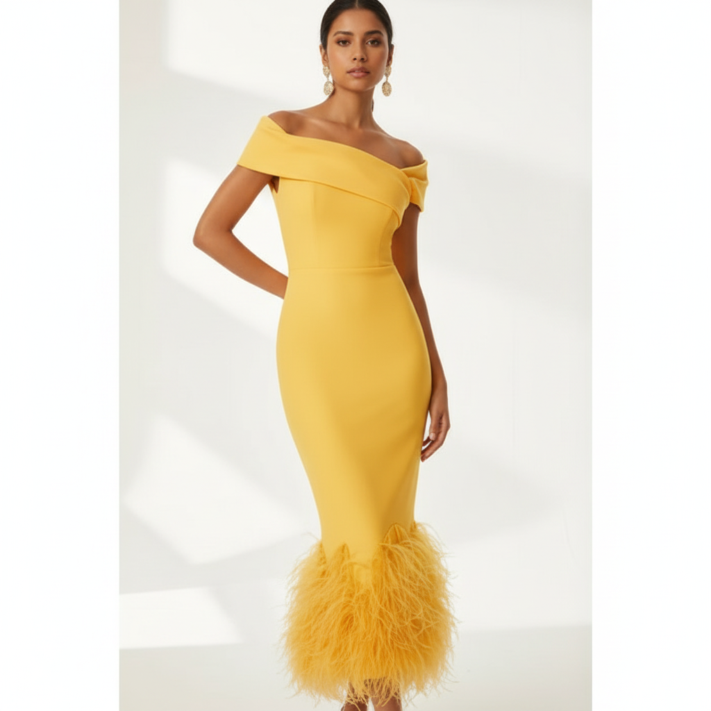 Ava | Women's Wedding Guest Dress With Off Shoulder Neckline And Feather Trim | Elegant