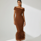 Ava | Women's Wedding Guest Dress With Off Shoulder Neckline And Feather Trim | Elegant