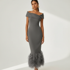 Ava | Women's Wedding Guest Dress With Off Shoulder Neckline And Feather Trim | Elegant