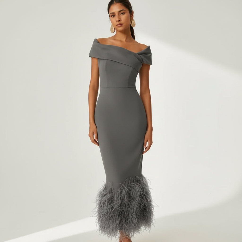 Ava | Women's Wedding Guest Dress With Off Shoulder Neckline And Feather Trim | Elegant