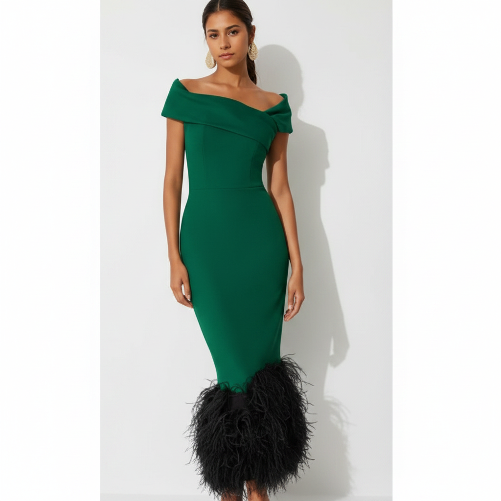 Ava | Women's Wedding Guest Dress With Off Shoulder Neckline And Feather Trim | Elegant