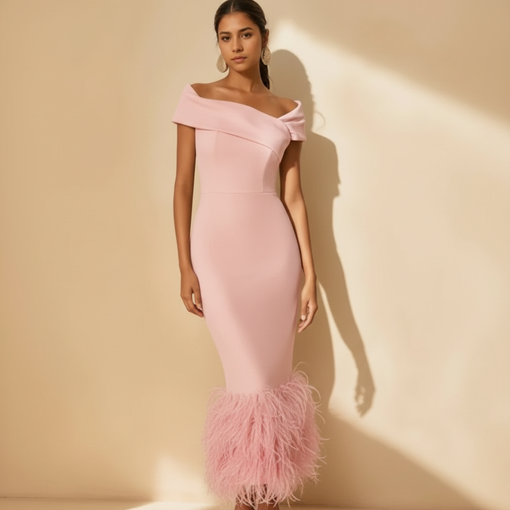 Ava | Women's Wedding Guest Dress With Off Shoulder Neckline And Feather Trim | Elegant