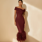 Ava | Women's Wedding Guest Dress With Off Shoulder Neckline And Feather Trim | Elegant