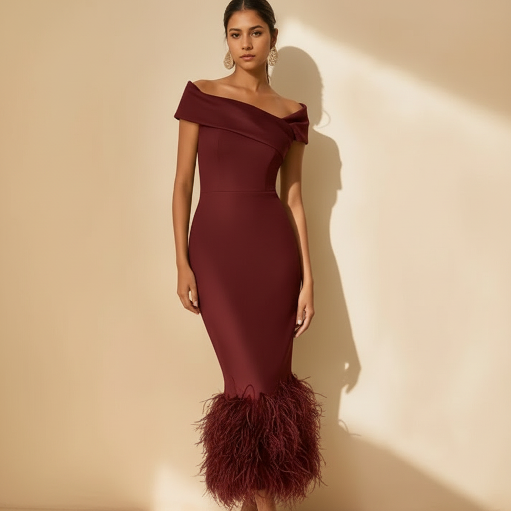 Ava | Women's Wedding Guest Dress With Off Shoulder Neckline And Feather Trim | Elegant