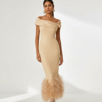 Ava | Women's Wedding Guest Dress With Off Shoulder Neckline And Feather Trim | Elegant