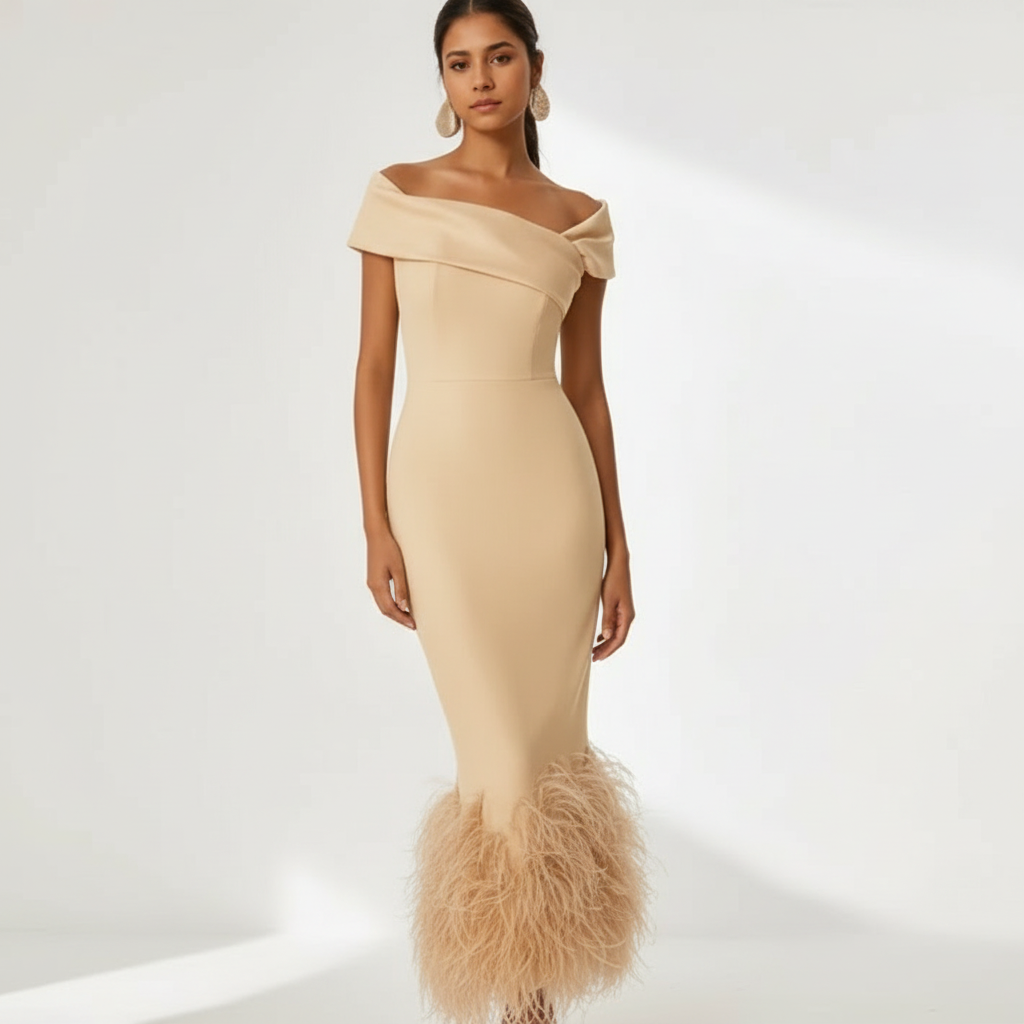 Ava | Women's Wedding Guest Dress With Off Shoulder Neckline And Feather Trim | Elegant
