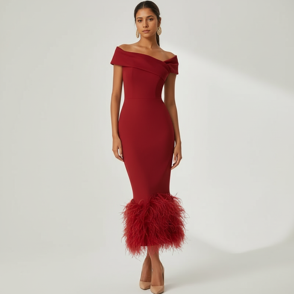 Ava | Women's Wedding Guest Dress With Off Shoulder Neckline And Feather Trim | Elegant