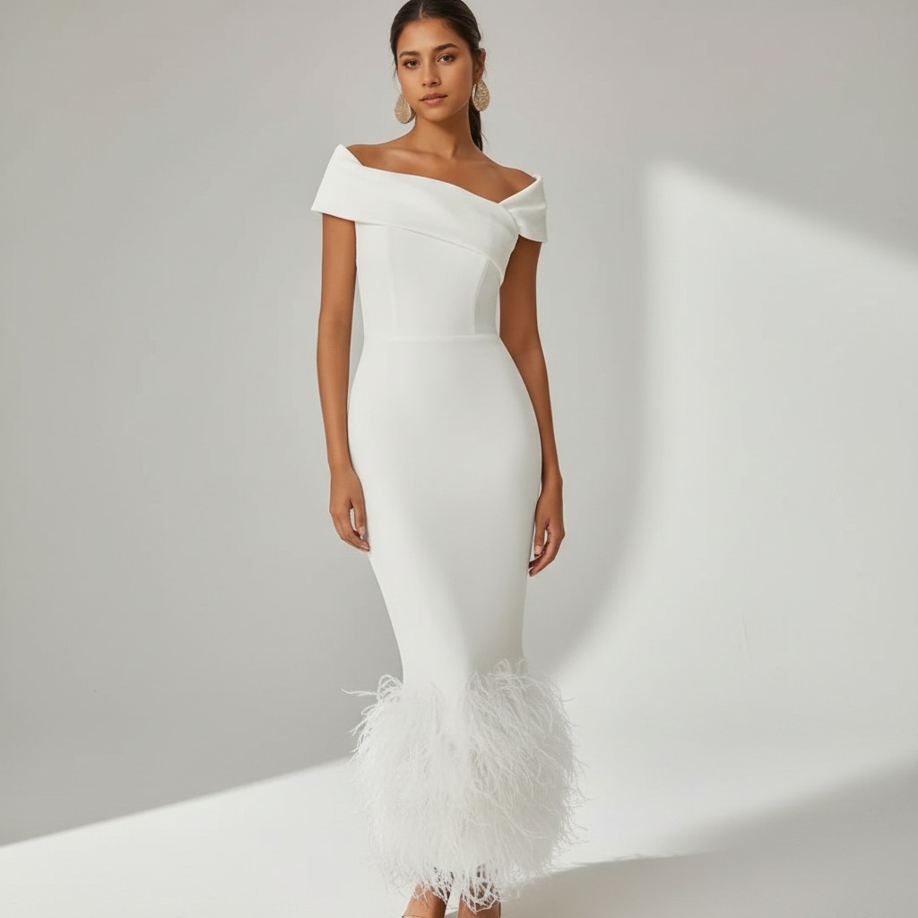 Ava | Women's Wedding Guest Dress With Off Shoulder Neckline And Feather Trim | Elegant