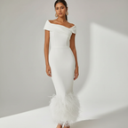 Ava | Women's Wedding Guest Dress With Off Shoulder Neckline And Feather Trim | Elegant