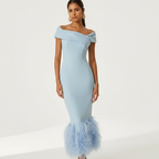 Ava | Women's Wedding Guest Dress With Off Shoulder Neckline And Feather Trim | Elegant