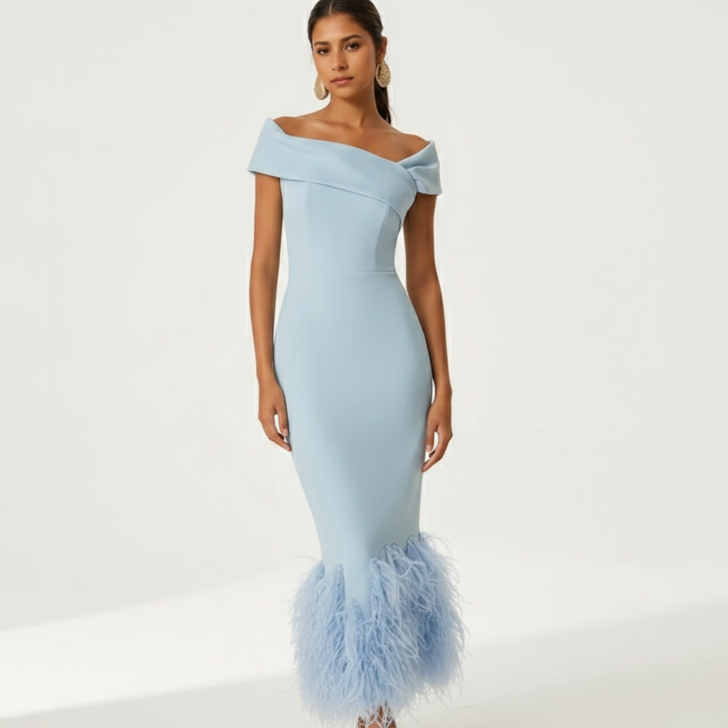Ava | Women's Wedding Guest Dress With Off Shoulder Neckline And Feather Trim | Elegant