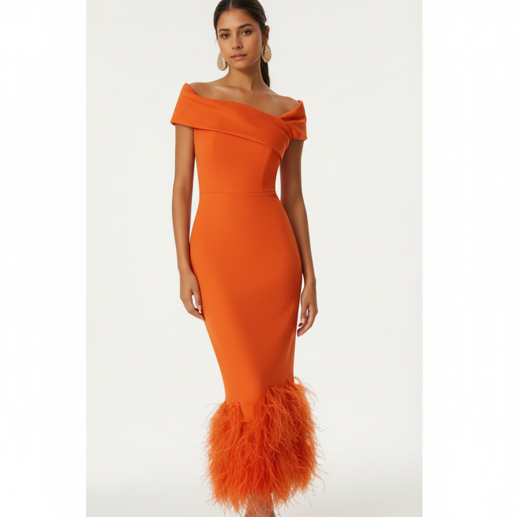 Ava | Women's Wedding Guest Dress With Off Shoulder Neckline And Feather Trim | Elegant