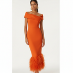 Ava | Women's Wedding Guest Dress With Off Shoulder Neckline And Feather Trim | Elegant