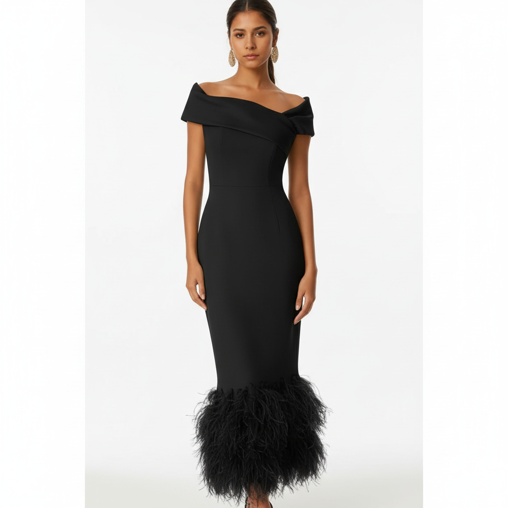 Ava | Women's Wedding Guest Dress With Off Shoulder Neckline And Feather Trim | Elegant
