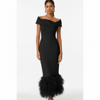 Ava | Women's Wedding Guest Dress With Off Shoulder Neckline And Feather Trim | Elegant