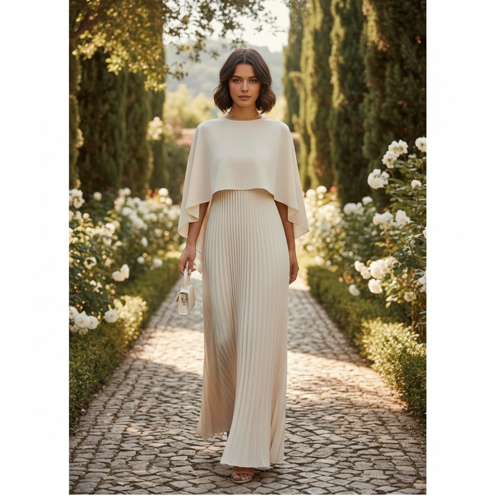 Ava | Women's Wedding Guest Maxi Dress With Pleated Skirt And Draped Cape Overlay | Elegant