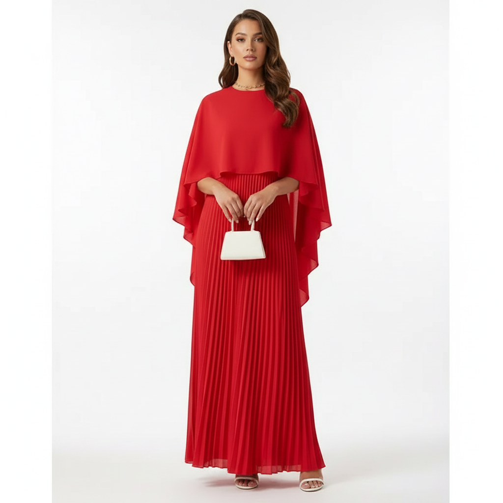 Ava | Women's Wedding Guest Maxi Dress With Pleated Skirt And Draped Cape Overlay | Elegant