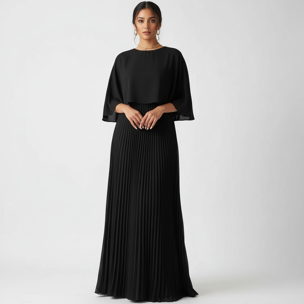Ava | Women's Wedding Guest Maxi Dress With Pleated Skirt And Draped Cape Overlay | Elegant
