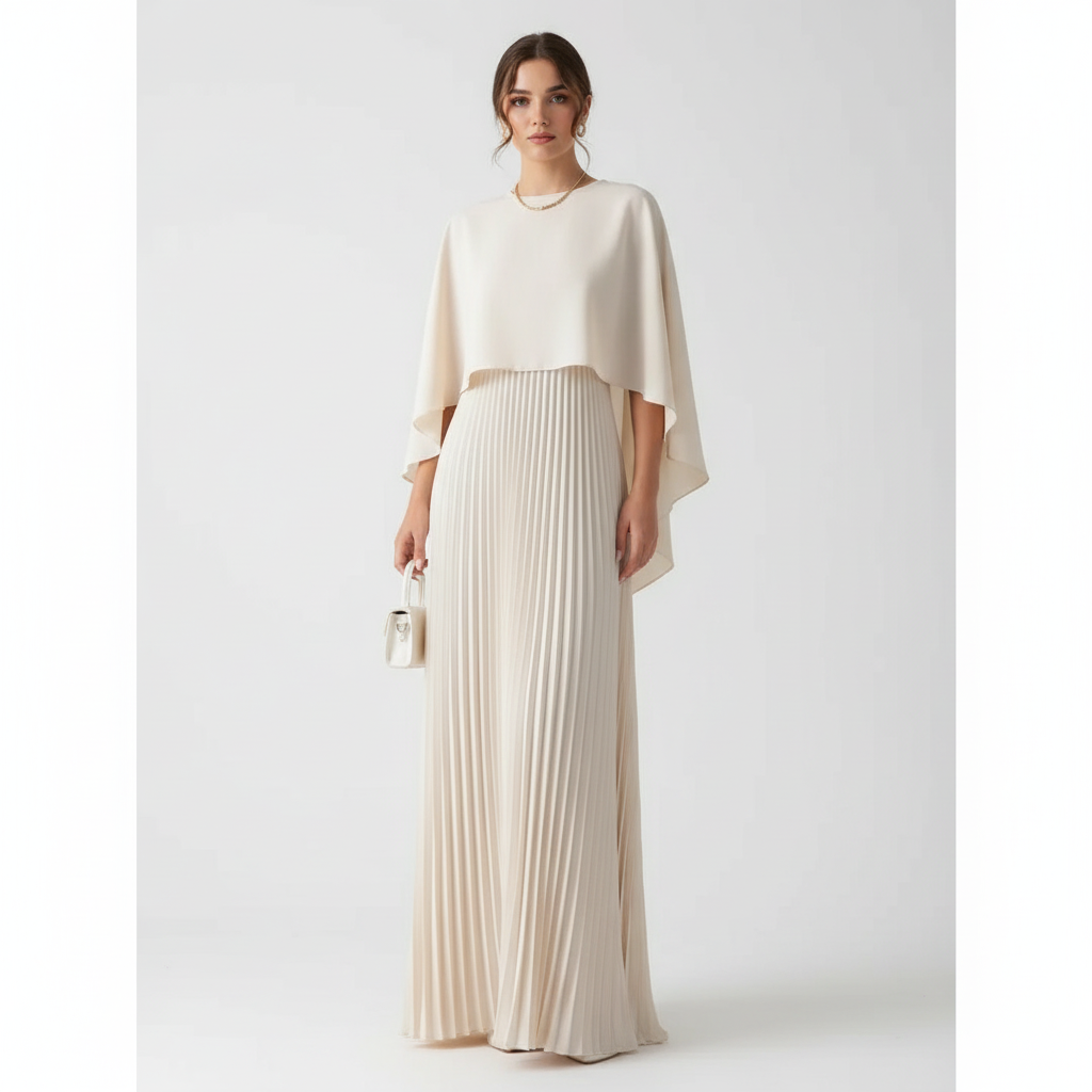Ava | Women's Wedding Guest Maxi Dress With Pleated Skirt And Draped Cape Overlay | Elegant