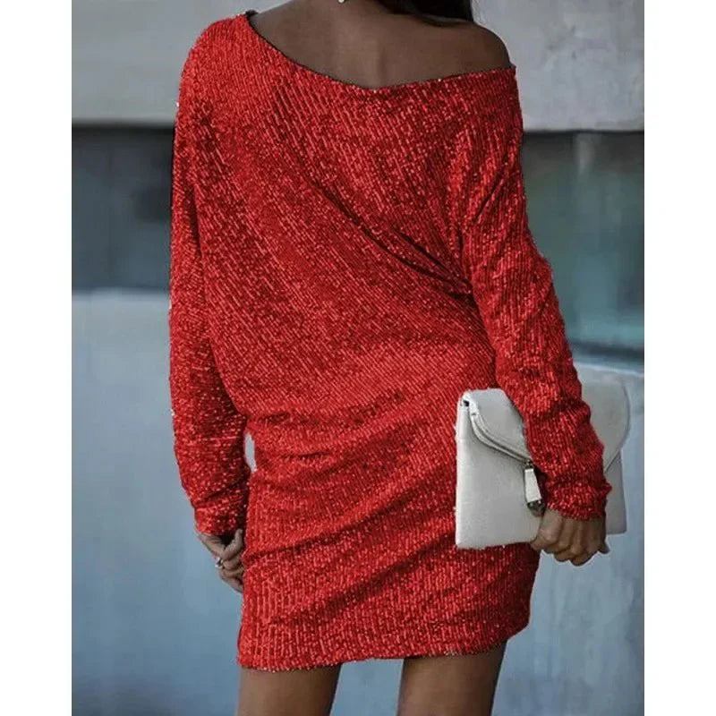 Caliana | Women's Sequin Dress With Off Shoulder Neckline And Sparkles