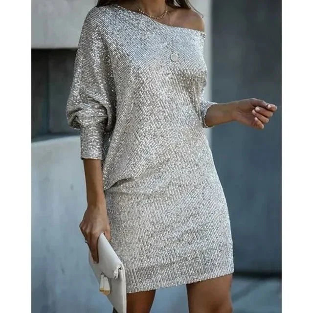Caliana | Women's Sequin Dress With Off Shoulder Neckline And Sparkles
