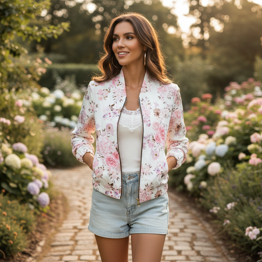 Charlotte | Women's Bomber Jacket With Zip Closure And Floral Print | Casual