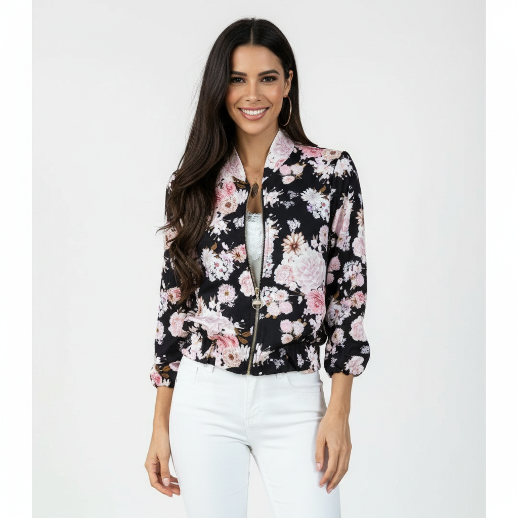 Charlotte | Women's Bomber Jacket With Zip Closure And Floral Print | Casual