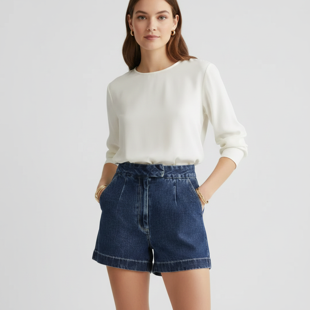 Charlotte | Women's Denim Shorts With High Waist And Pleated Detail | Casual