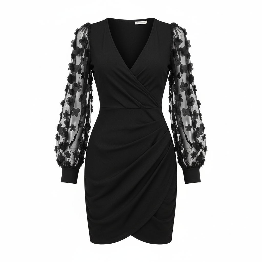 Charlotte | Women's Graduation Mini Dress With V-Neckline And Sheer Long Sleeves | Elegant
