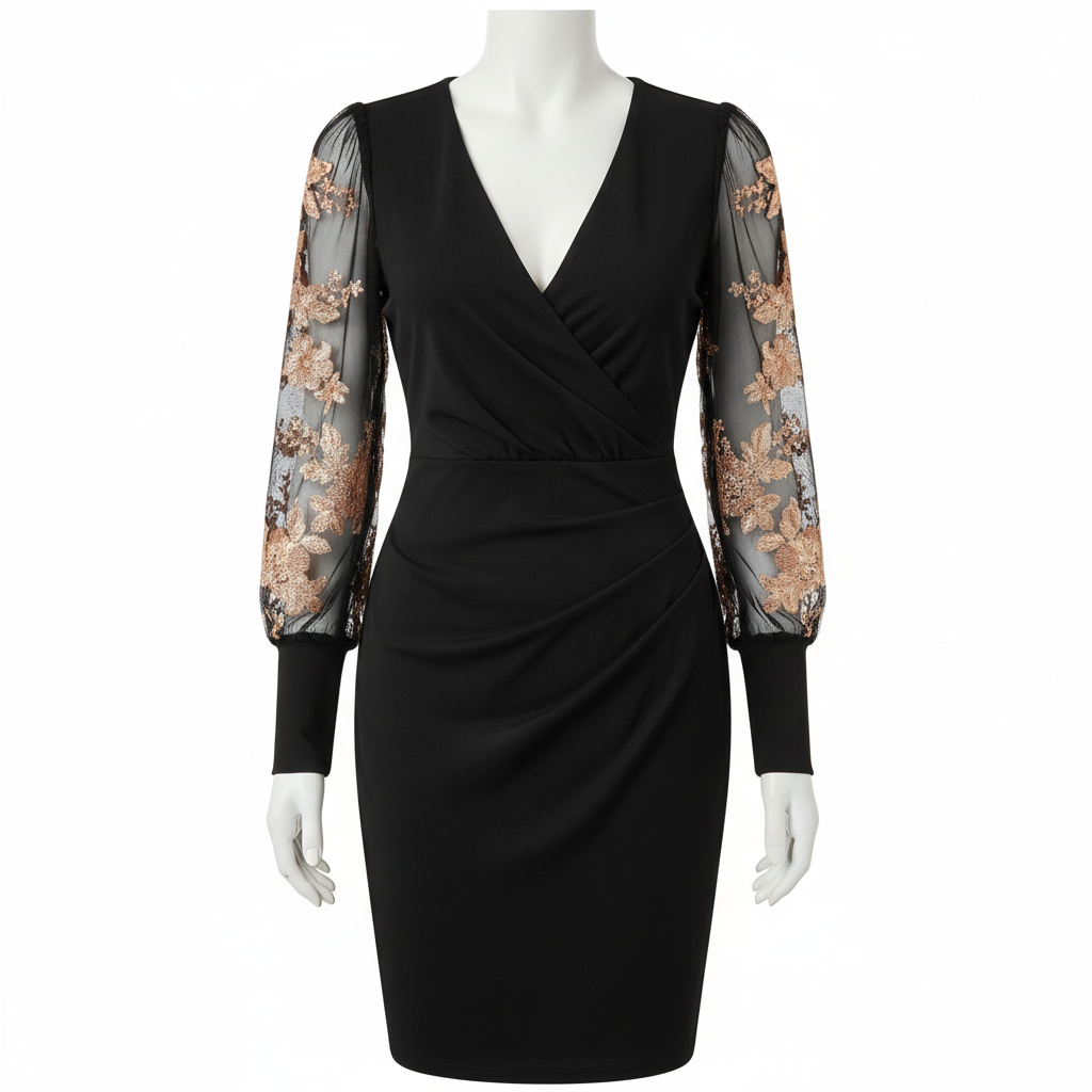 Charlotte | Women's Graduation Mini Dress With V-Neckline And Sheer Long Sleeves | Elegant